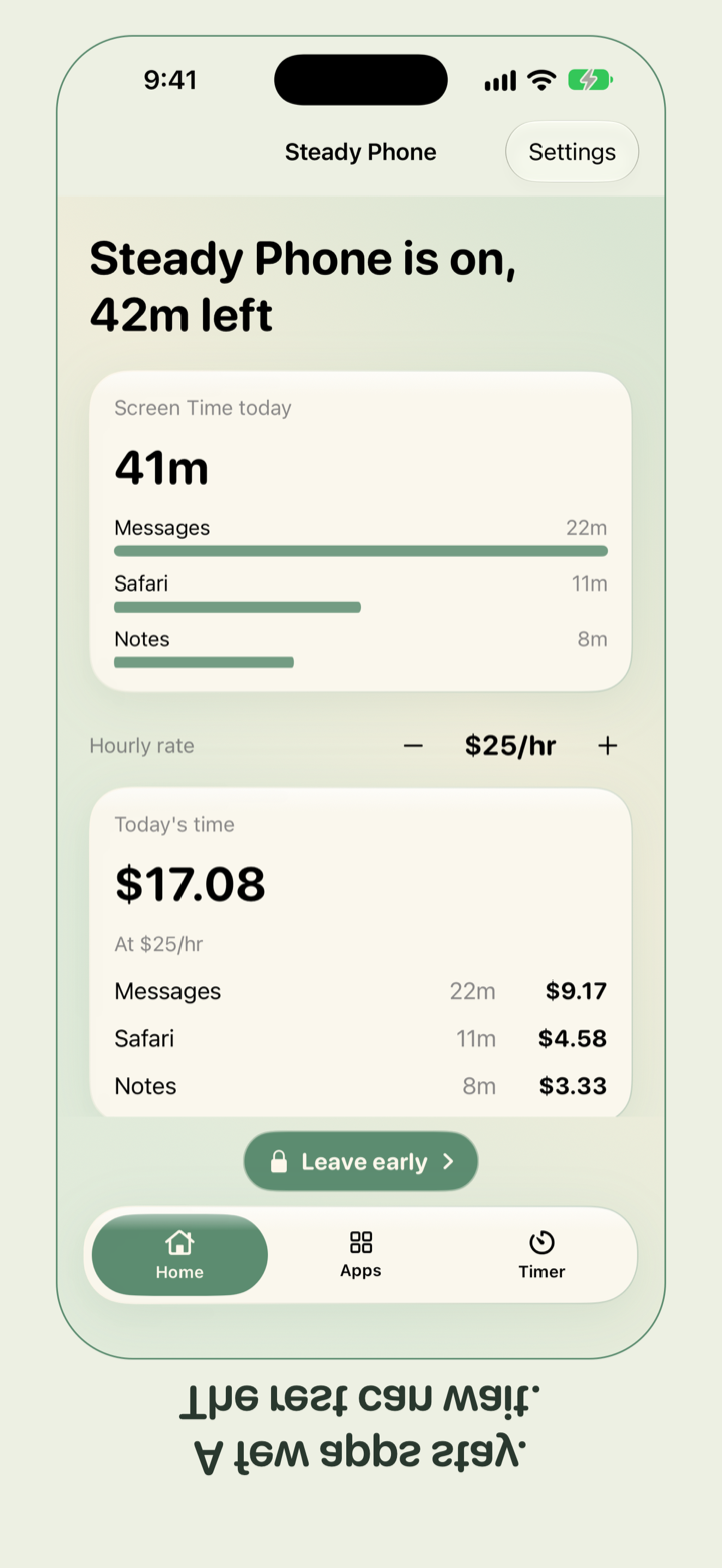 App Store frame of Steady Phone Home, with the timer on and today's Screen Time